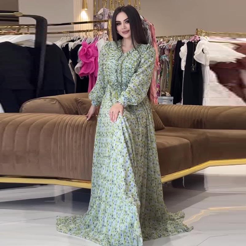 

Элегантное женское повседневное платье с длинным рукавом и цветочным принтом, осень 2024 XXXL светло-зеленый