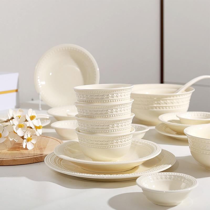 Conjunto de Pratos Simples Estilo Creme, Cerâmica Doméstica de Luxo Leve, Prato, Tigela de Sopa, Louça de Cerâmica Sob Esmalte