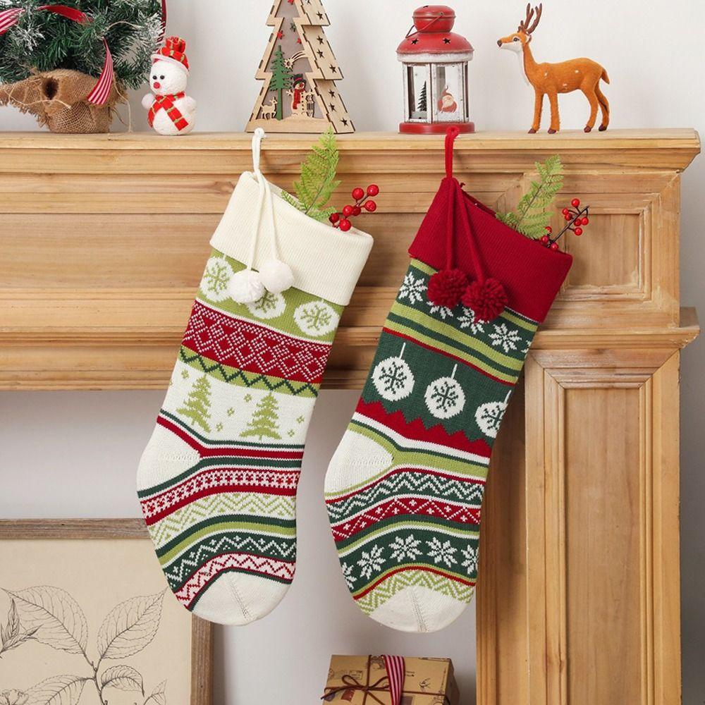 

Xmas Ornament Home Pocket Hanging Gift Bag Knitted Christmas Stocking with Pompoms Santa Claus Sock Snowman