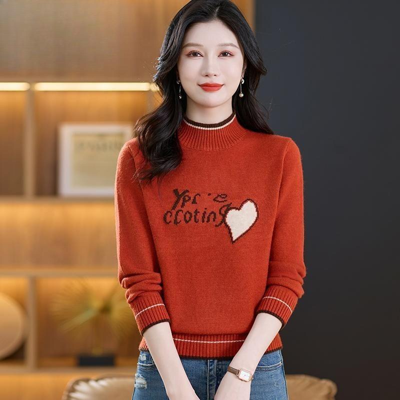 Women's Thickened Wool Sweater Autumn Winter Half-High Neck Printed Wool Sweater Loose Knit Pullover Top