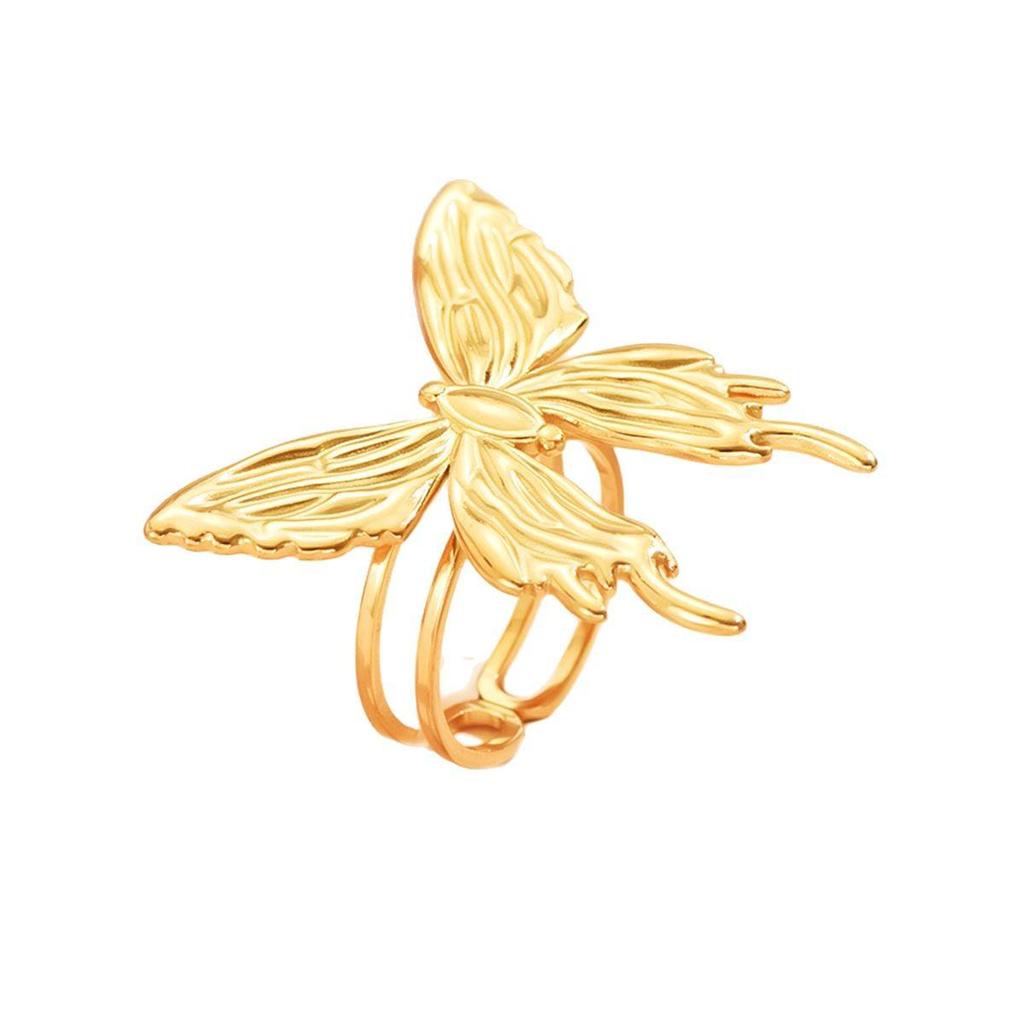 Adjustable Gold Butterfly Ring - Fresh Forest Texture & Versatile Design in Stainless Steel