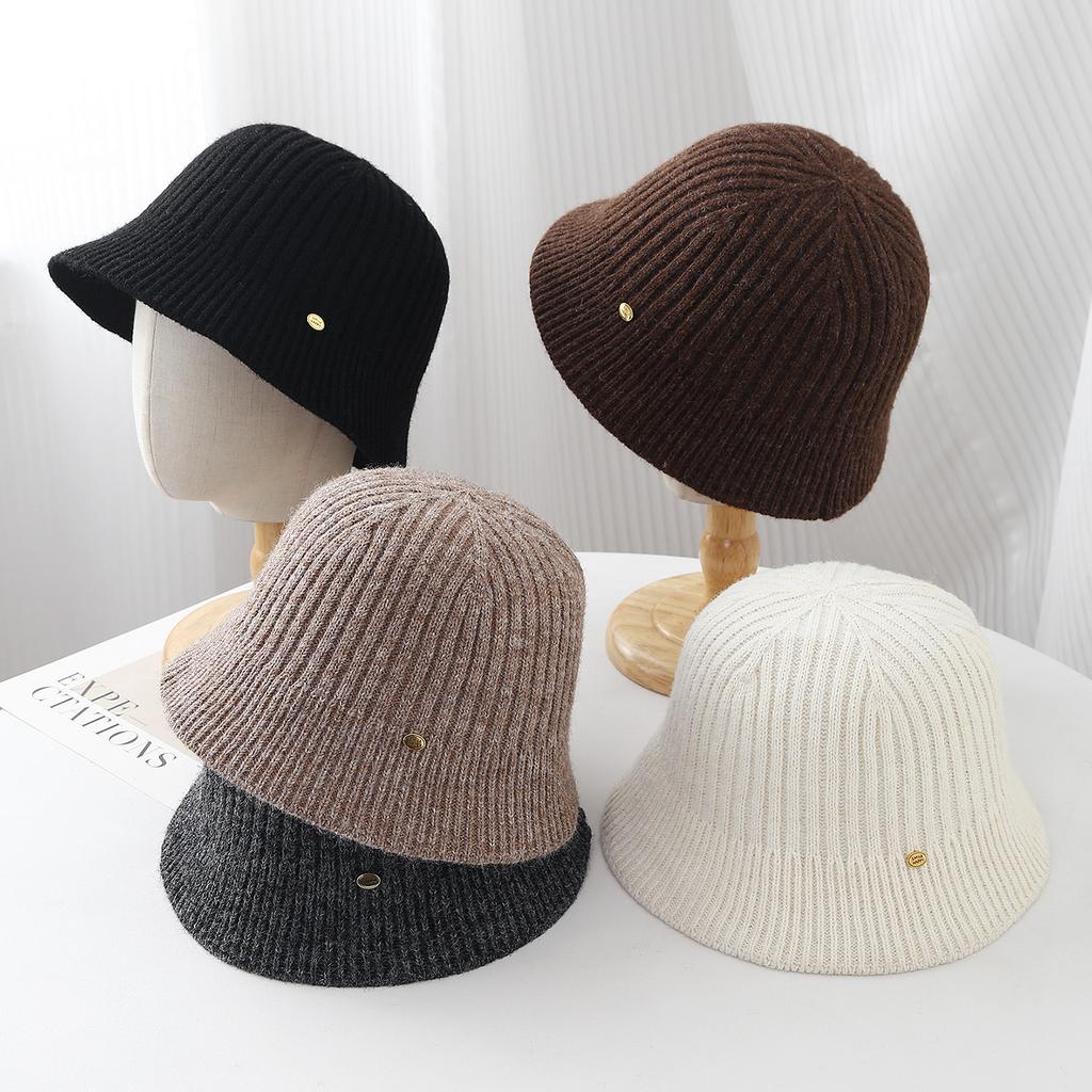 Fashion versatile knitted bucket hat women's autumn and winter casual simple washbasin hat plain bucket hat
