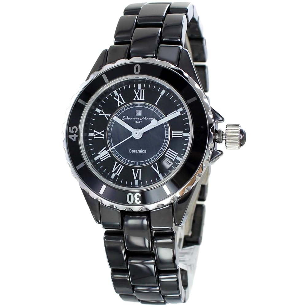 Salvatore Marra Unisex ceramiczny zegarek bransoletka, Model SM23103-v, Czarny i cyfry rzymskie, Odporny na zarysowania, Wodoodporność 3 ATM