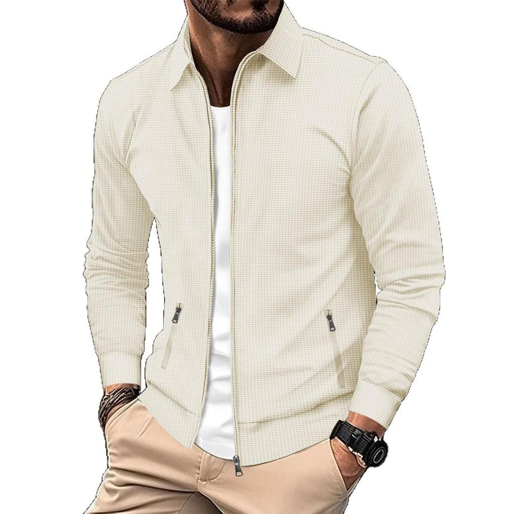 2025 Spring Men's Slim Fit Waffle Knit Zipper Pocket Lapel Cardigan Jacket - Trendy & Casual
