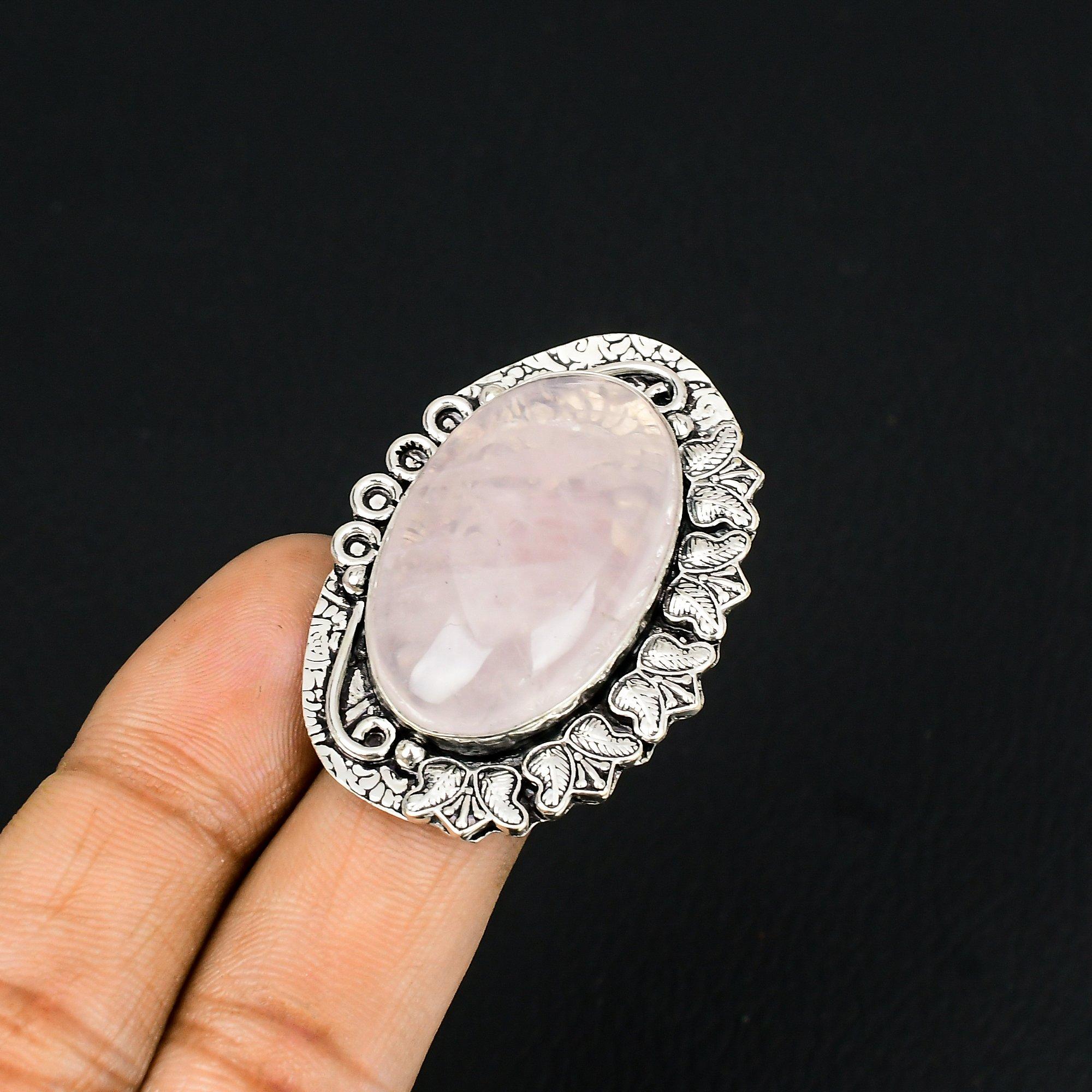 Daughters Day Sale Rose Quartz Stone 925 Sterling Silver Statement Ring Jewelry 9