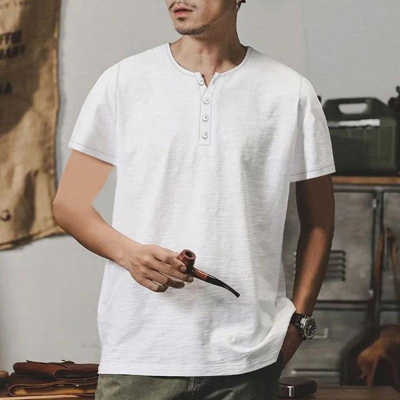 Heavyweight Bamboo Henry Collar Men's T-shirt Short-sleeved Summer Casual American Big Size Solid Colour Men's Button Up Tops