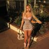 Rochie de vară nouă, modă europeană și americană, cu imprimeu digital, inserții din dantelă, decolteu în V adânc, mulată pe șolduri