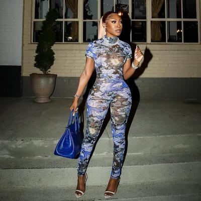 2025 Summer Mesh Digital Print Backless Jumpsuit: European & American Street Style