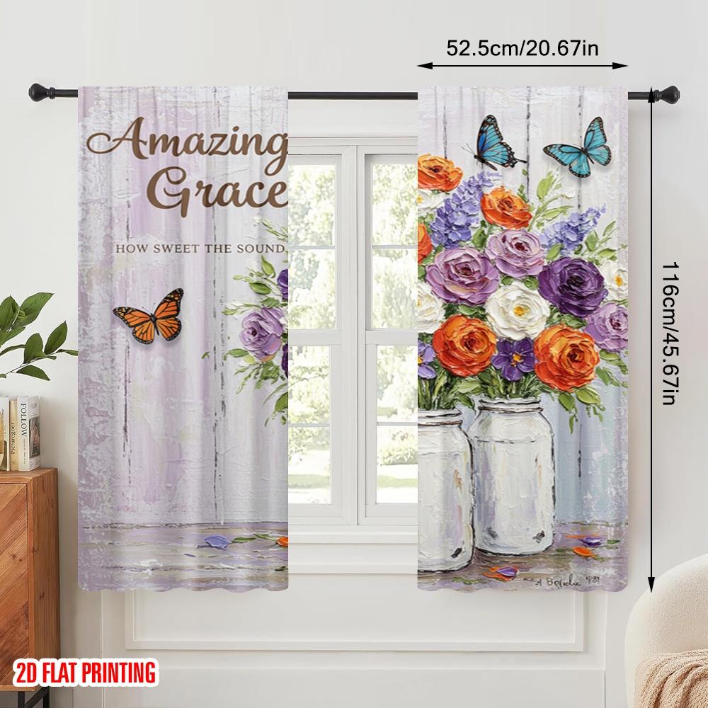 2pcs 2D Flat Printing Scene Curtains Amazing Grace Flower Butterflies Fabric Without Electricity Birthday Party Perfect for Home