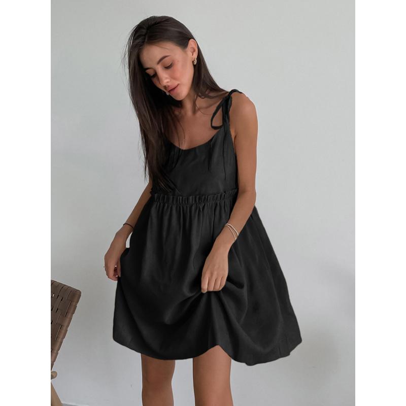 Brown Cotton-Linen Dress For Women Summer Holiday Style Loose-Fitting Suspender Dress A-Line Skirt