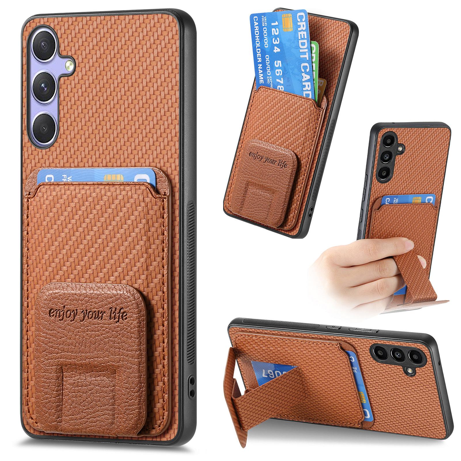 

For Samsung Galaxy A15 5G/Galaxy A15 4G Case Card Holder Carbon Fiber Texture Leather Coated TPU Phone Cover Brown