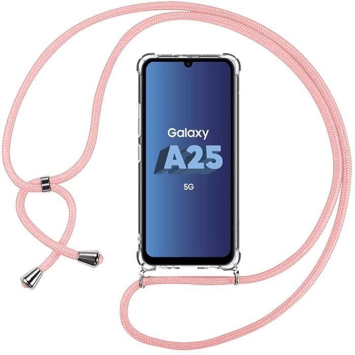 Coque - Samsung - Galaxy A25 5G - Protection Antichoc - Silicone Transparent - Cordon Rose