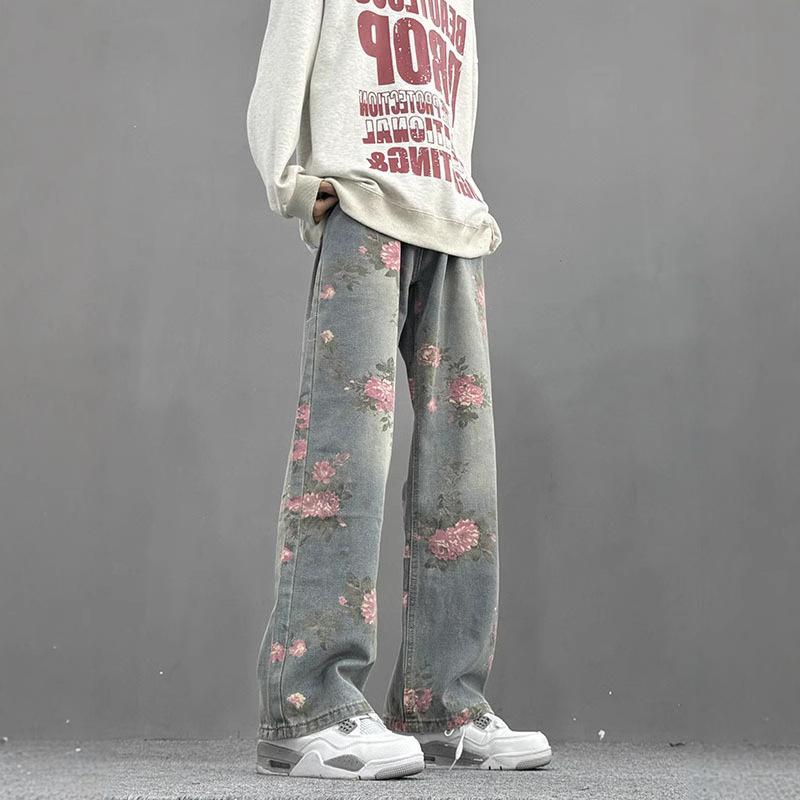 JYL Unisex Flower Jeans Vintage Lazy Vibe Loose Straight Floor-Length Denim