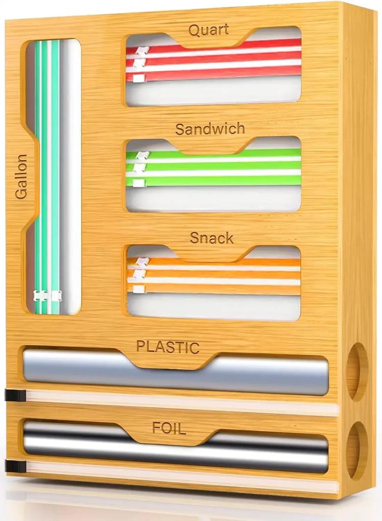 6 In 1 Bamboo Foil Plastic Wrap Organizer ZiplockBag Dispenser Drawer Storage Box Wall Mounted Holders And Racks For Kitchen