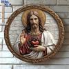 2D Flat Vintage Round Wooden Wall Decor - Sacred Heart of Jesus Religious Decoration, No Power Needed, Ideal Holiday Gift, Home Decor for Living