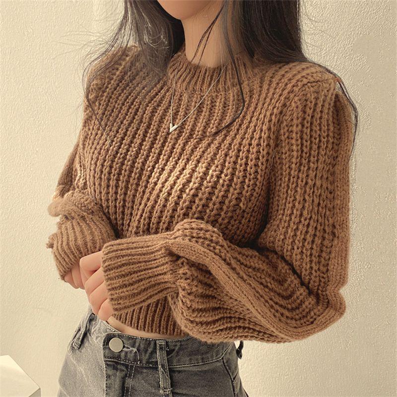 Korean Style Round Neck Petite Knit Sweater for Women - Waist-Cinching, Versatile Pullover