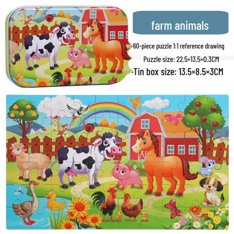 60-Piece Children's Wooden Cartoon Jigsaw Puzzle in Tin Box for Early Education