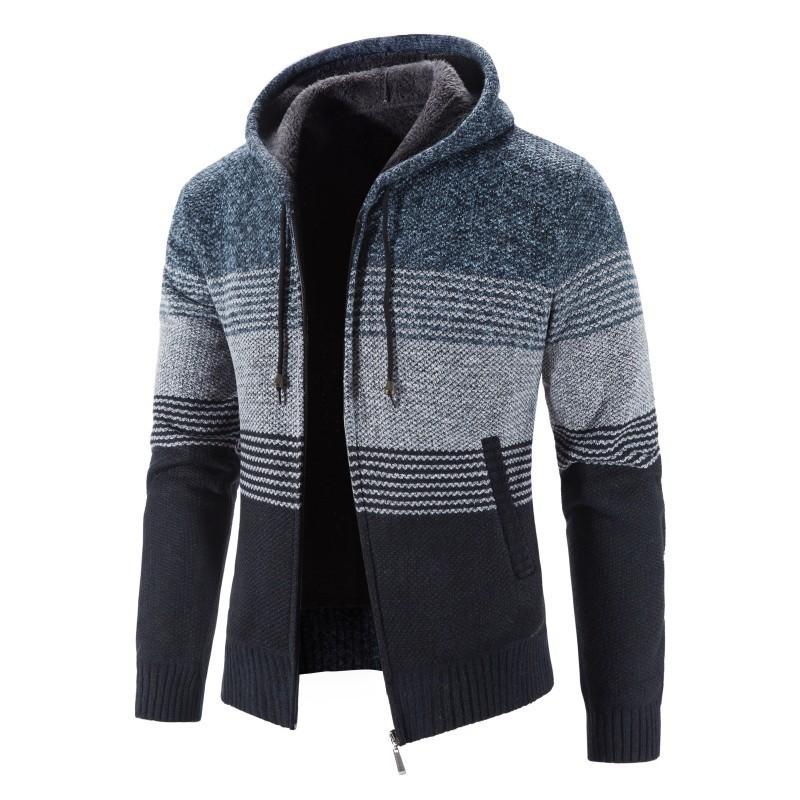 Men's Fleece Thickened Cardigan Sweater Large Size Jacket Hooded Color Matching Korean Version Knitted Sweater