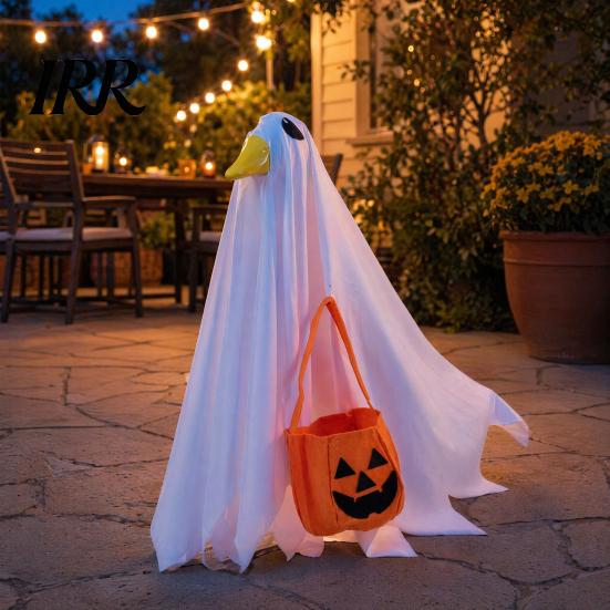 Halloween Festive Atmosphere Goose Outfit, Ghost Porch Clothes with Pumpkin Bag for 23" Ornament Statue, Party Accessory Outdoor Patio Lawn Yard Decor