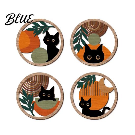 Cat Themed Wall Decor 4Pcs Black Set, Boho Cartoon Hanging Art, Home Art Farmhouse Rustic Wooden Plants Sign for Bedroom Living Room Office Theme