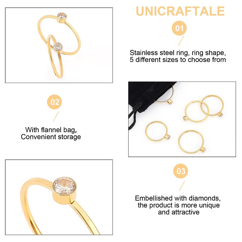 5Pcs 5 Style Flat Round Rhinestone Finger Rings Ion Plating(IP) 304 Stainless Steel Thin Finger Rings for Women Golden Crystal