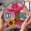 1pc 8x8" Western Cowgirl Boot & Hat Metal Wall Art, Rustic Pink Cowboy Decor for Home