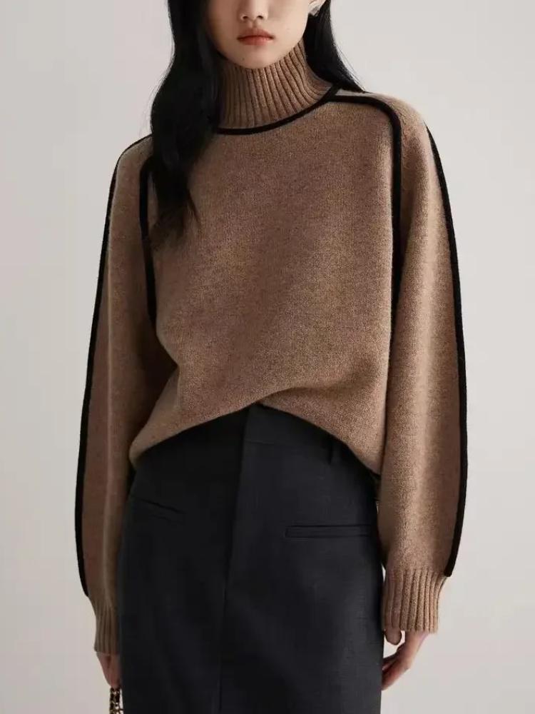 Podzim Zima Móda Nový Volný Svetr Dámský Elegantní Pletený Polovysoký Límec Dlouhý Rukáv Topy Elegantní Prošívání Dojížděcí Styl Teplý Svetr