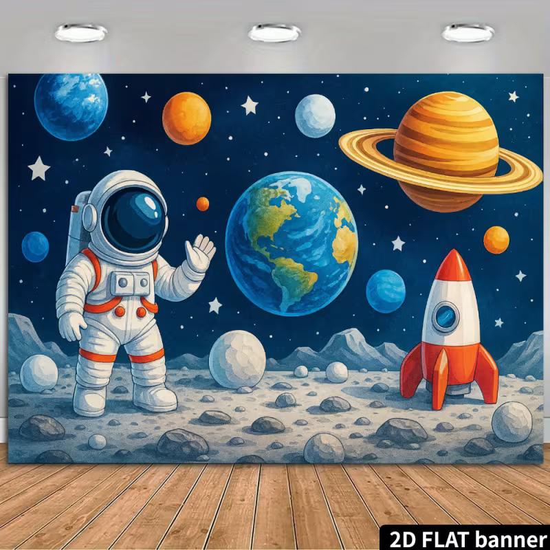 2D Outer Space Party Backdrop - Watercolor Astronaut Planets Banner for Kids Space Themed Birthday Photoshoot 47.2x31.5inch/120*80cm