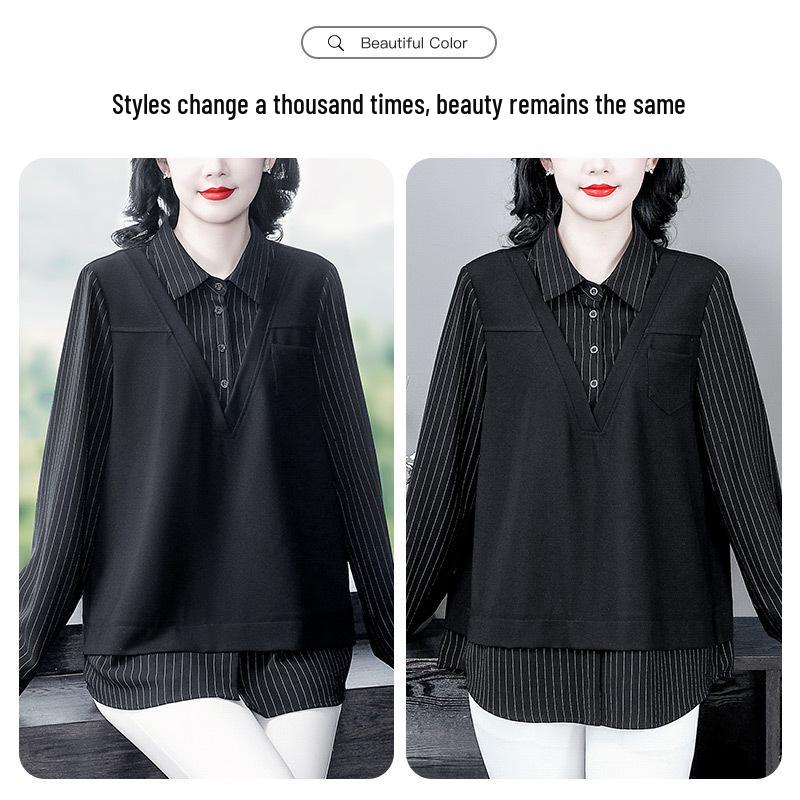 Spring Casual Plus-Size Two-Piece Shirt - Light Mature Style with Turn-Down Collar for Women
