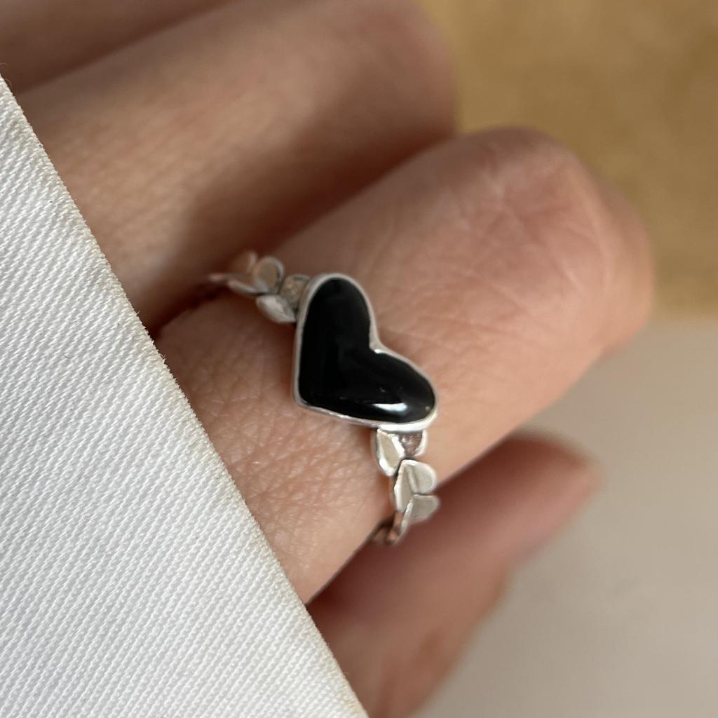 925 Sterling Silver Rings for Women Couple Minimalist Handmade Simple Retro Black Heart Ring Party Jewelry Gift Prevent Allergy