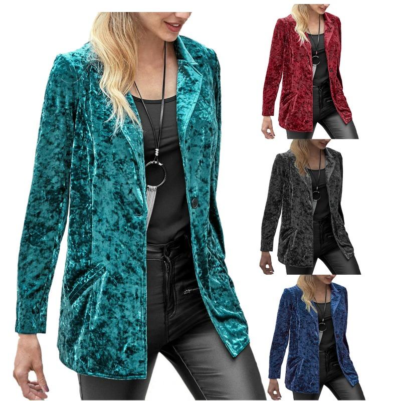 Costum de primăvară, toamnă, damă, un buton, ocazional, din catifea, jachete și paltoane solide pentru femei