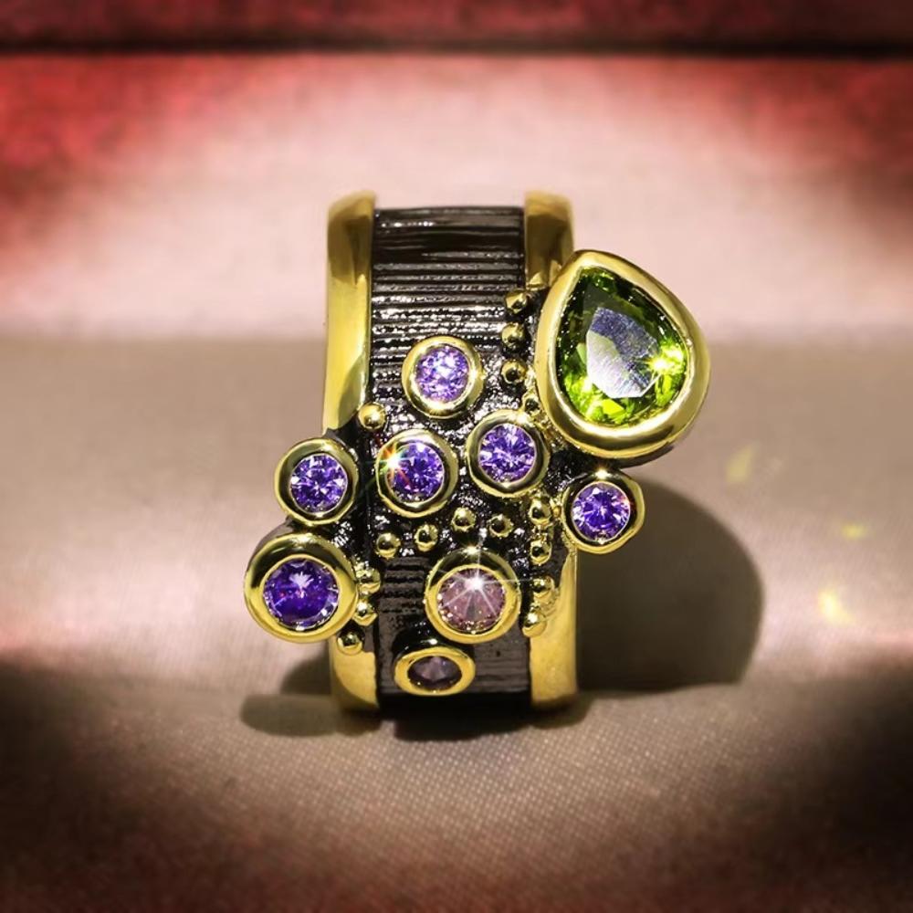High-quality Black Ring with Green Zircon-hip-hop Style-non-fading-holiday Gift