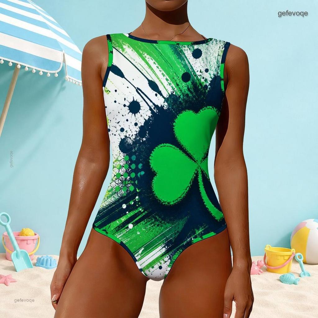 Women Plus Size High Round Neck Sleeveless One Piece Dark Green Clover Printed Swimsuit