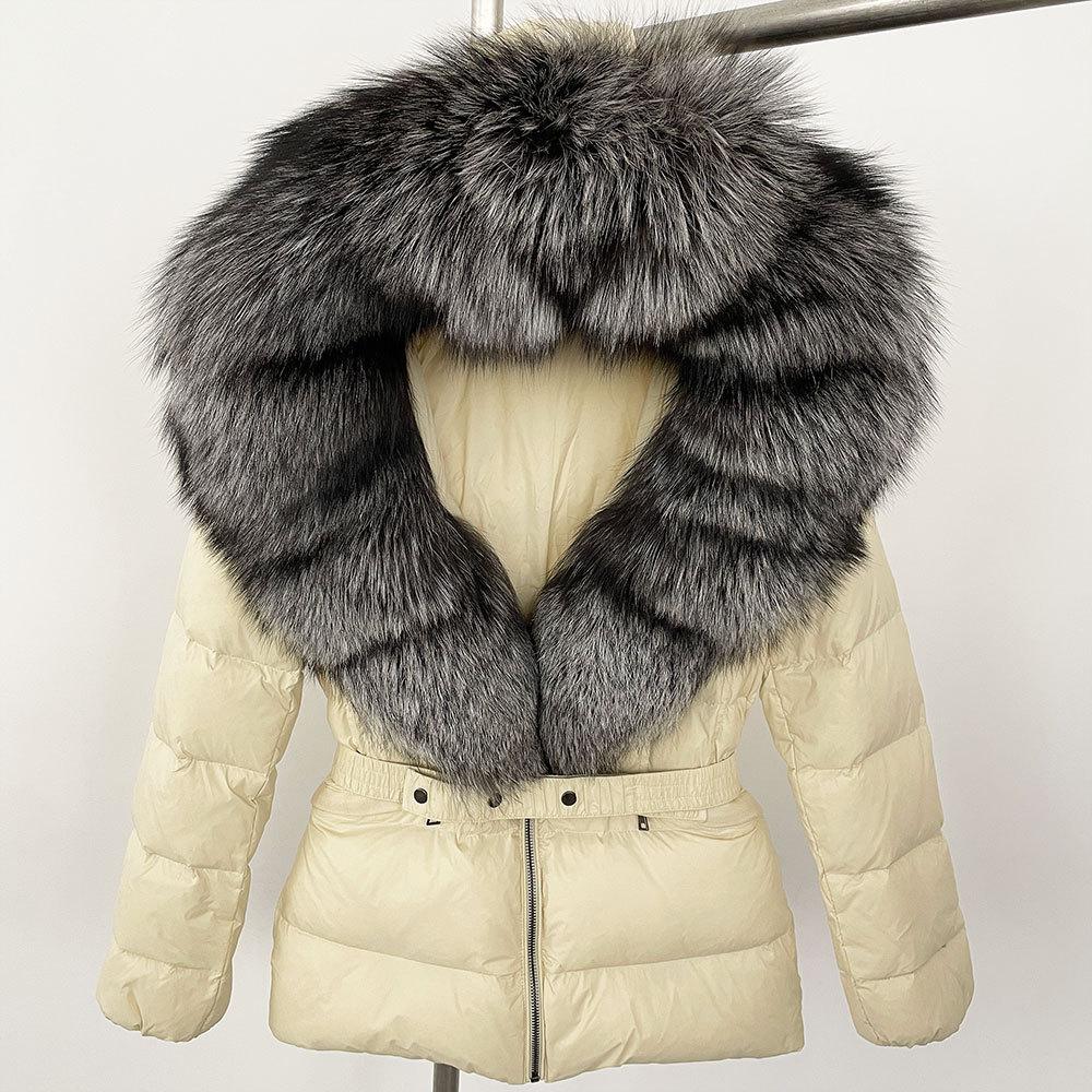 Winter new popular women's natural real fox fur collar white duck down jacket thickened waist slim down jacket