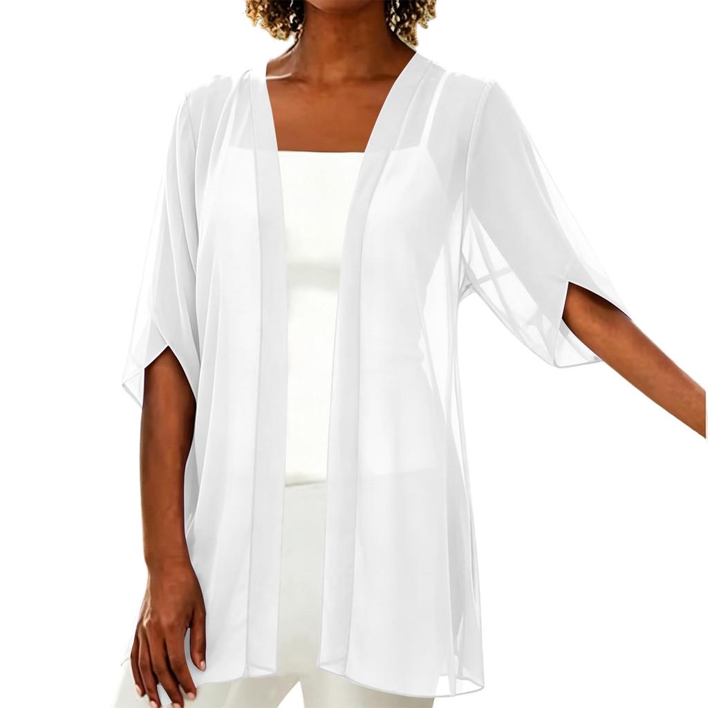 Women's Color 3/4 Sleeve Chiffon Cardigan - Lightweight Summer Loose Fit Open Front Casual Outerwear for Women