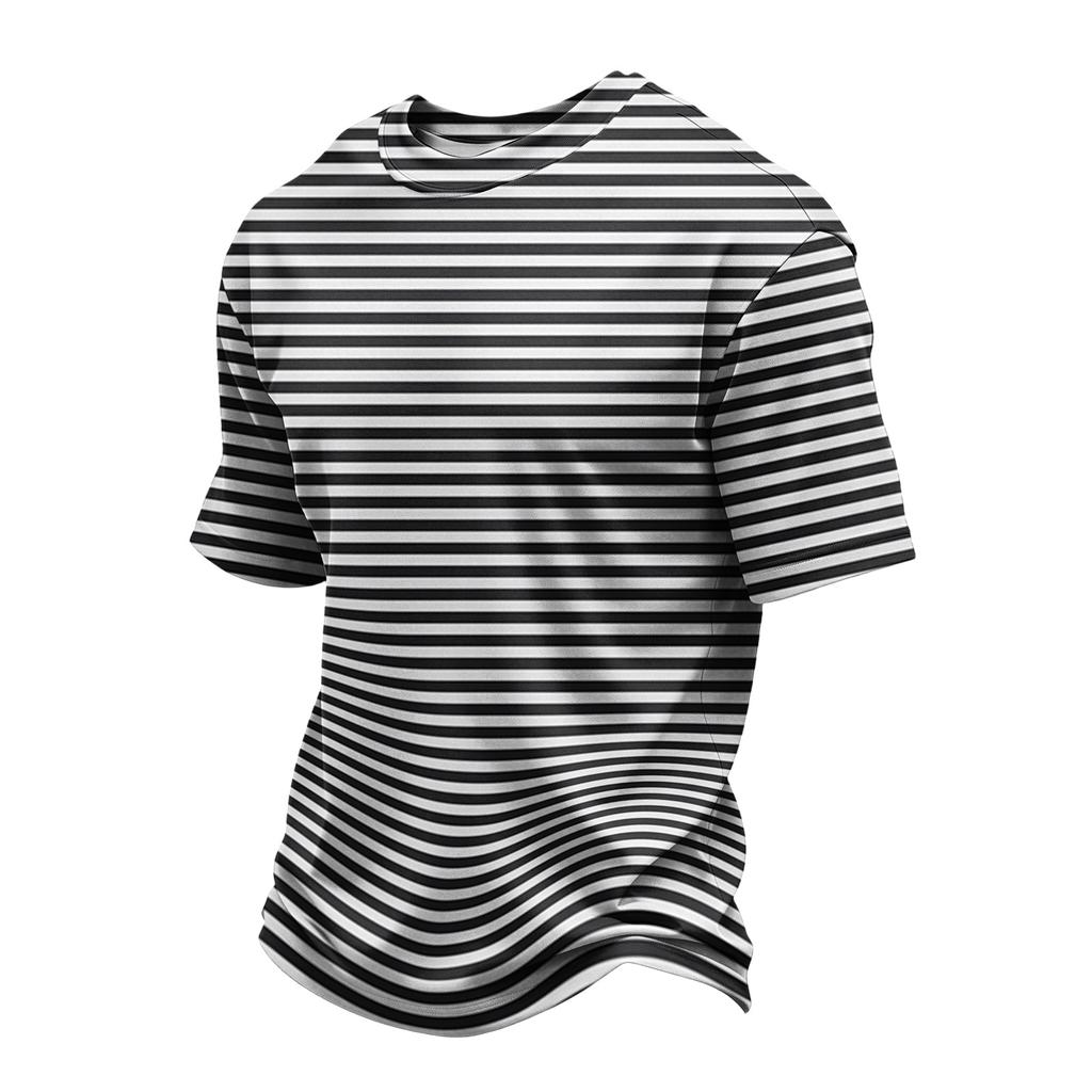 Men's Casual Quick-Dry Short Sleeve Shirt with Round Neck Lightweight Mesh and Striped Design