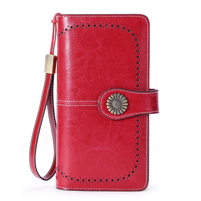 Fashion Hollow Genuine Leather Long Women Wallets RFID Locking Female Large Coin Purse Smooth Zipper Ladies Wristlet Clutch Bag for Mother's Day Gifts
