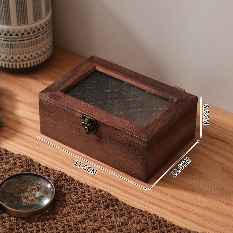 

Rectangular Solid Wood Jewelry Box with Begonia Flower Glass Flip Lid and Lock