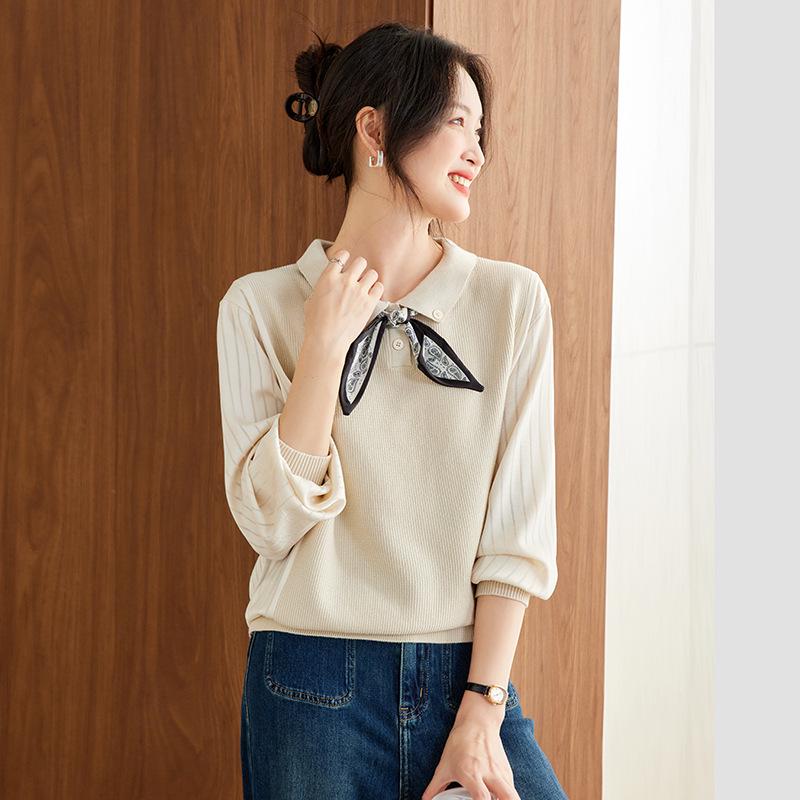 Women's Elegant Autumn Lapel Knitted Sweater, Fake Two-Piece Loose Top