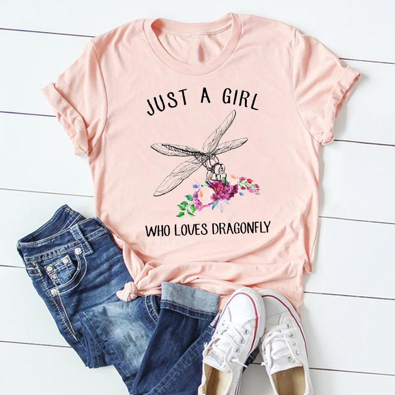 (Asian Size) Dragonfly Dandelion Plant Short Sleeve Women Print Tee Top Summer Fashion Tshirt  Lady Female Clothing Casual Graphic T-shirt