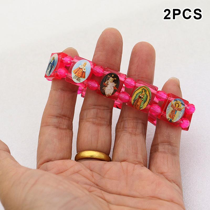 2Pcs Vintage Jesus And Virgin Mary Pvc Rosary Bead Bracelet With Elastic Band Religious Image Stickers For Daily Wear Parties