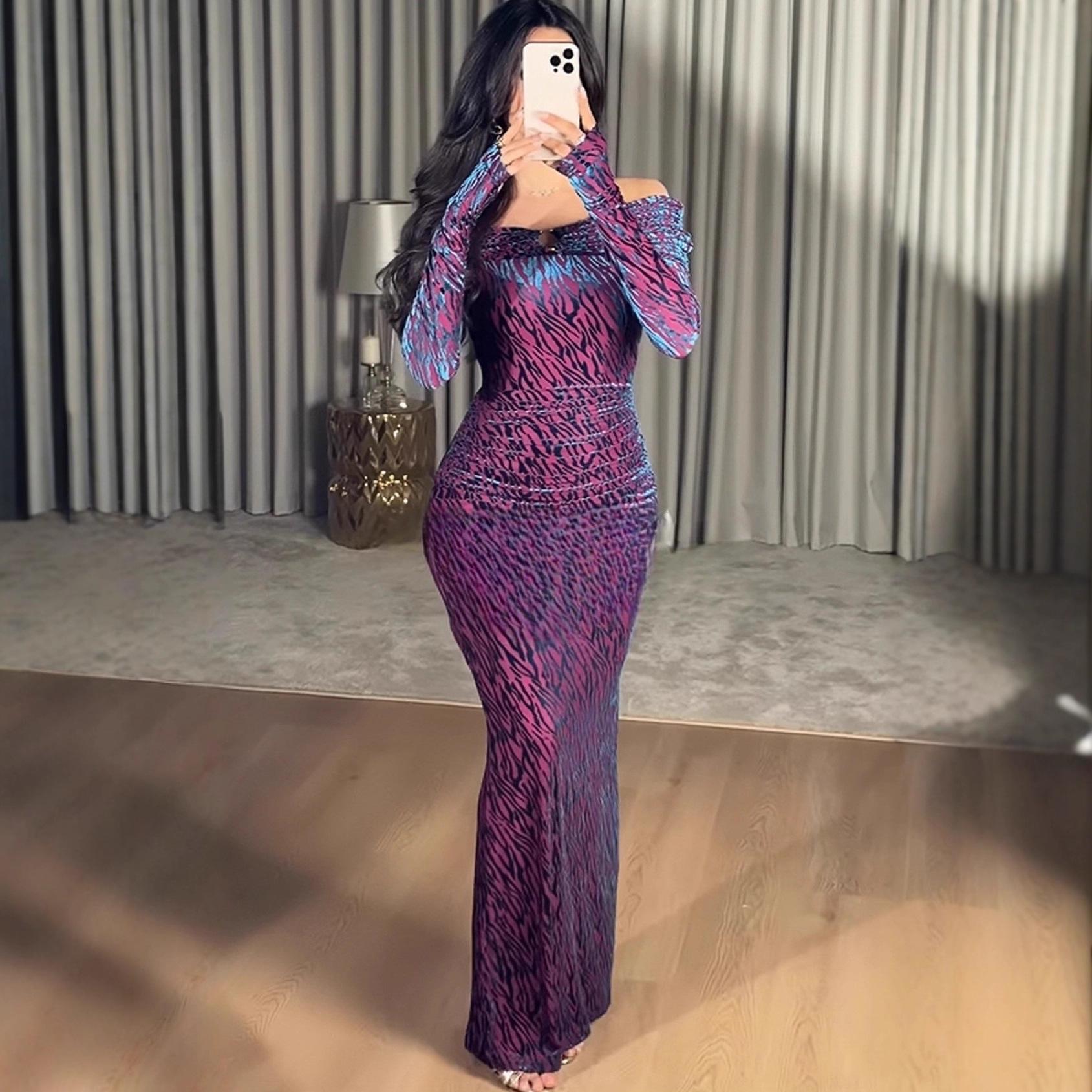 

Elegant Autumn 2025 Women s Long-Sleeved Waist-Cinching Printed Dress S фіолетовий