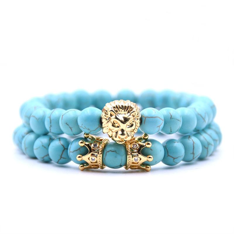 Noter 2pcs/set King Lion Bracelets Men Luxury Crown Braslet 8mm Natural Stone Beaded Brazalete Distance Couple Braclet Pulseira