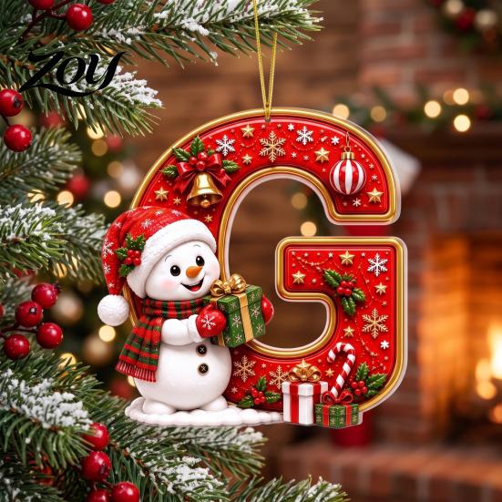 Indoor Holiday Decorations Cute Snowman Letter Christmas Ornament, 2D Flat Personalized A-Z Alphabet Clear Pattern Hanging Decor Acrylic Pendant