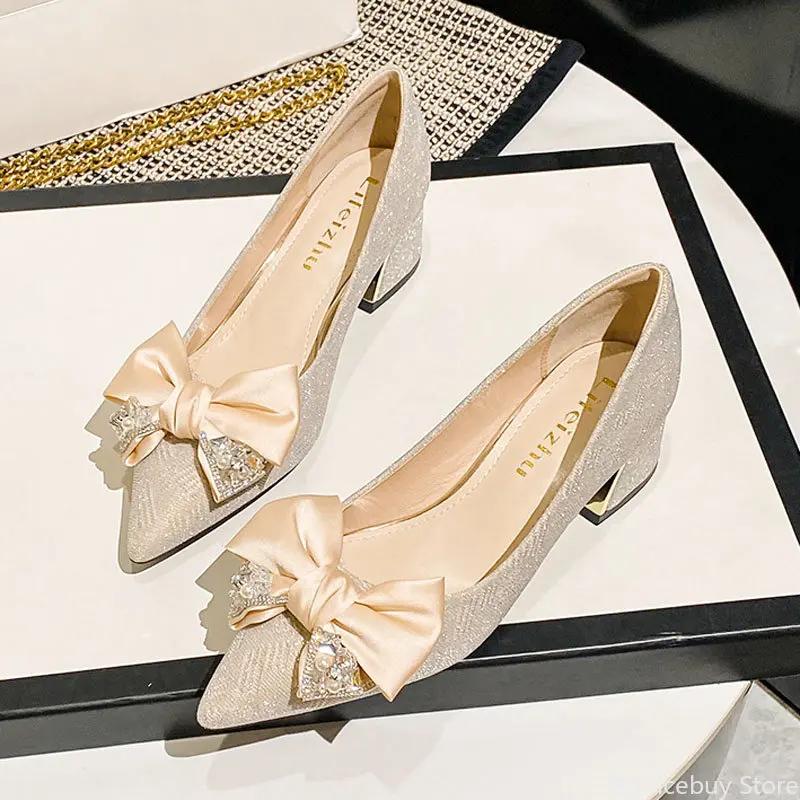 New Women Fashion Pumps Girl Sexy Pointed Toe High Heels Shoes Elegant Rhinestone Bowknot Wedding Shoes 35-43