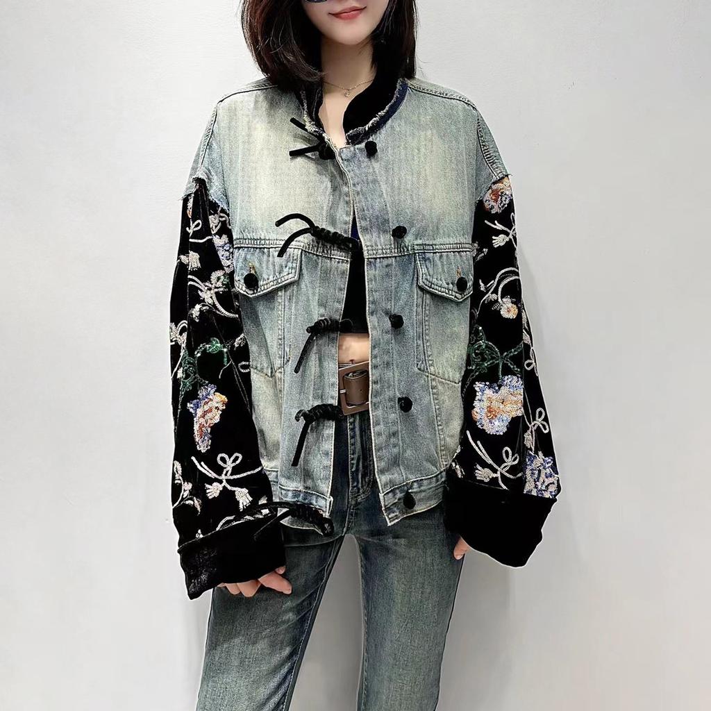 Autumn new splicing sequined velvet sleeves new Chinese style retro stand-up collar denim jacket top women
