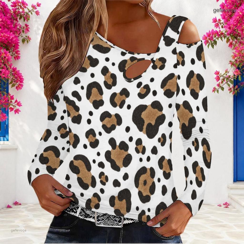 Women Plus Size Asymmetric Cutout Neck Cold Shoulder Long Sleeve Pink Gray Black Printed Fitted Top