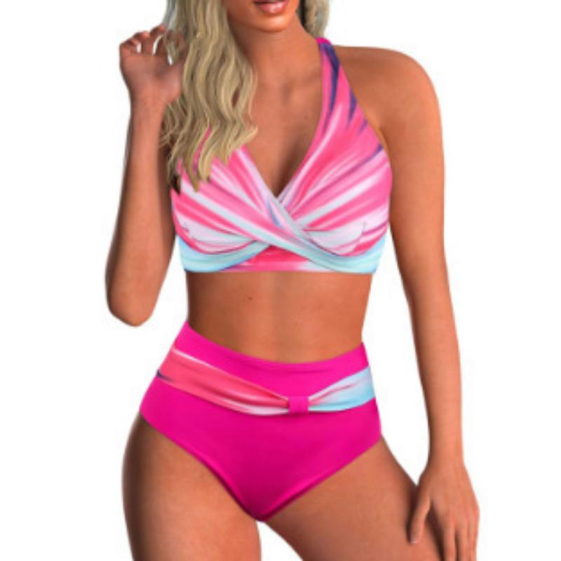 Women's High Waisted Cross Front Halter Bikini Set Color Block Tummy Control Modest Sexy Summer Beach Swimwear