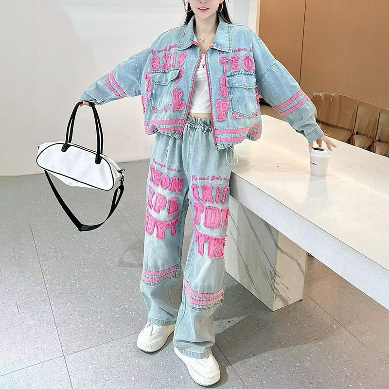 Женский Винтажный Деним Комплект Потертый Свободная Куртка Широкие Брюки Streetwear