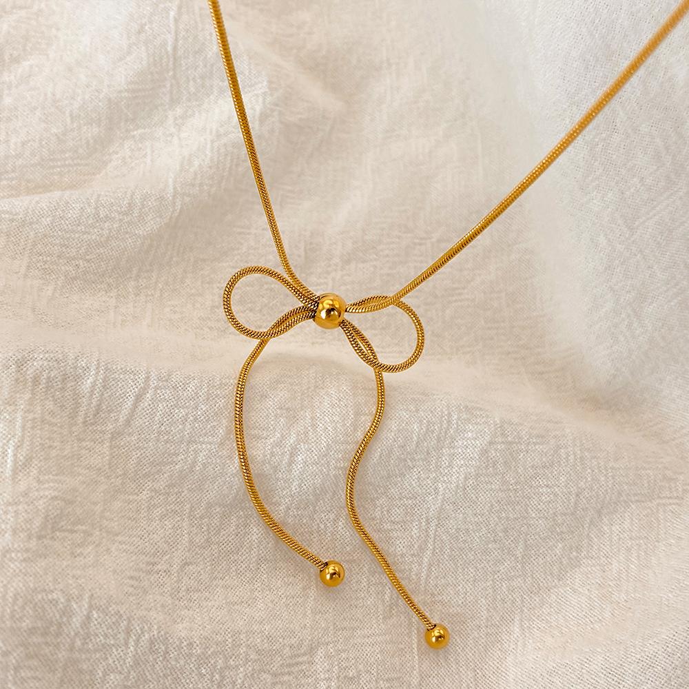 eManco Stainless Steel Bow Necklace Tarnish Free Fashion Zircon for Women High Quality Accessories Gift